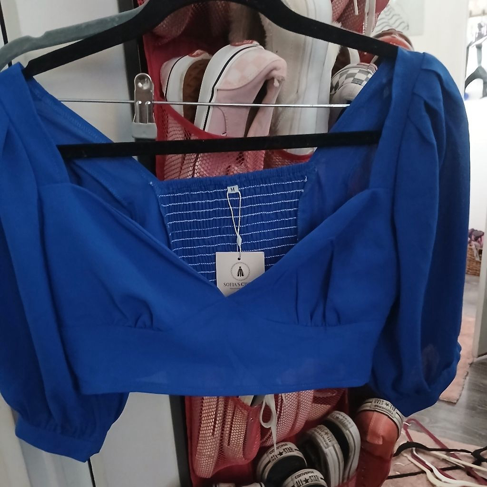 Women's Sofia's Choice Blue Crop Top M with White Stitching